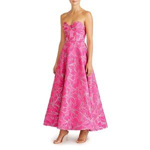 ML Monique Lhuillier Amelia Strapless Brocade Gown Pink Silver